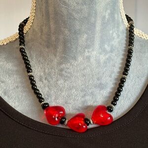 Wome NWOT Red Glass Heart on Black Onyx Silver Beads Statement 19 Inch Necklace